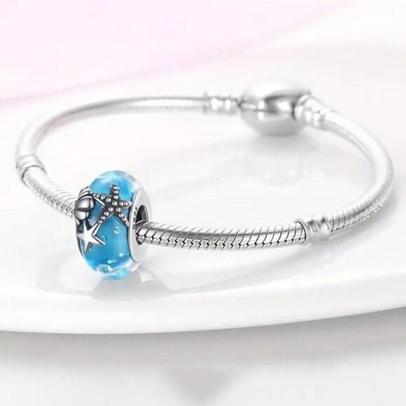 Blue Murano Glass Seashell & Starfish Charm S925 Sterling Silver Universal Fit - Picture 2 of 10